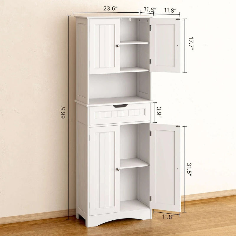 Armoire blanche de rangement alimentaire de cuisine autoportante de 66.5 pouces de hauteur, avec tiroirs coulissants en métal et tongs