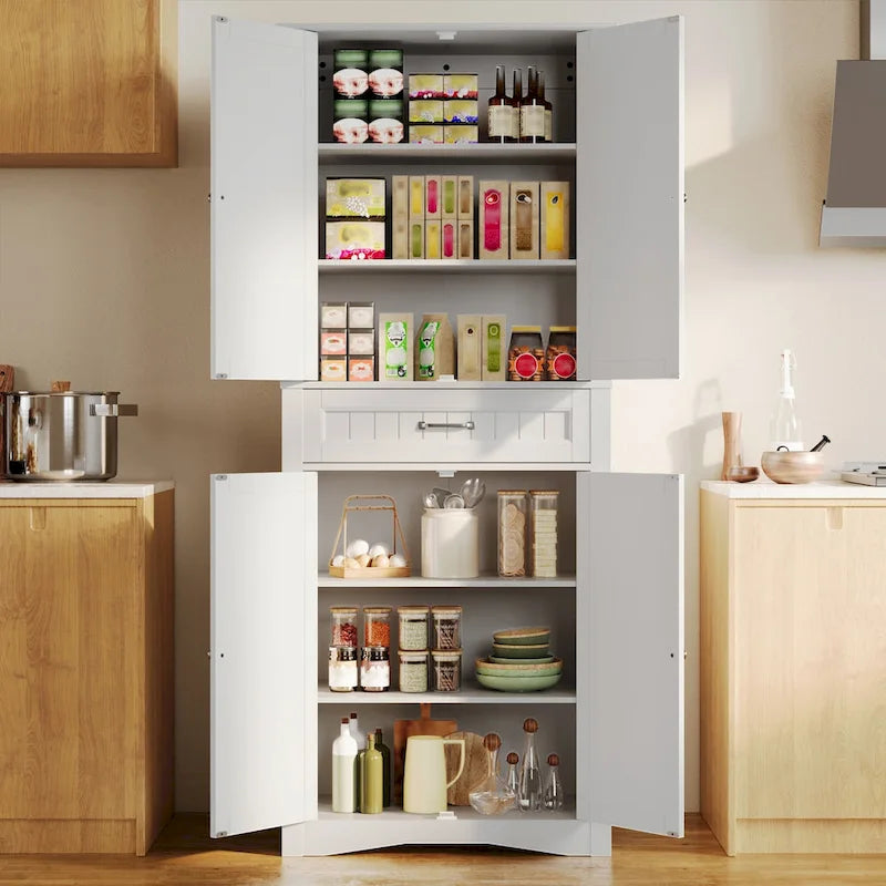 Armoire blanche de rangement alimentaire de cuisine autoportante de 66.5 pouces de hauteur, avec tiroirs coulissants en métal et tongs
