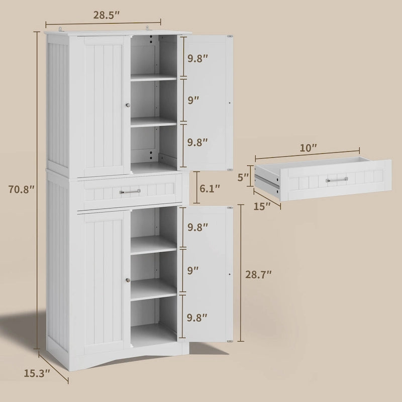 Armoire blanche de rangement alimentaire de cuisine autoportante de 66.5 pouces de hauteur, avec tiroirs coulissants en métal et tongs