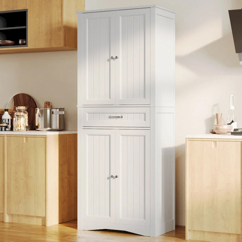 Armoire blanche de rangement alimentaire de cuisine autoportante de 66.5 pouces de hauteur, avec tiroirs coulissants en métal et tongs