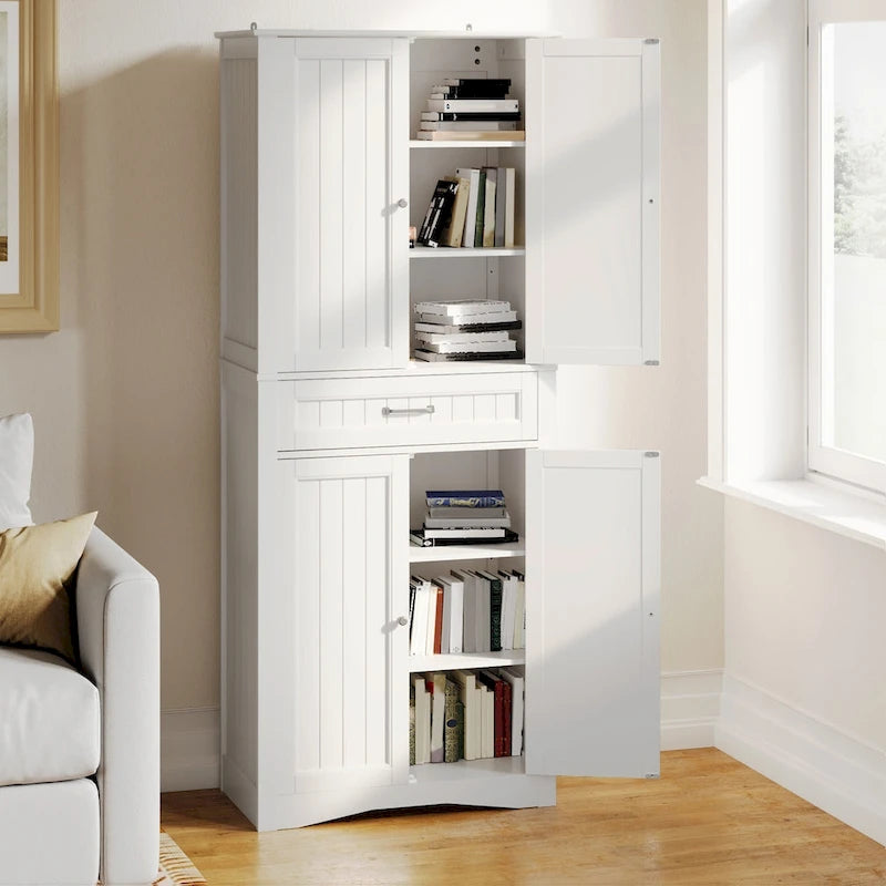 Armoire blanche de rangement alimentaire de cuisine autoportante de 66.5 pouces de hauteur, avec tiroirs coulissants en métal et tongs