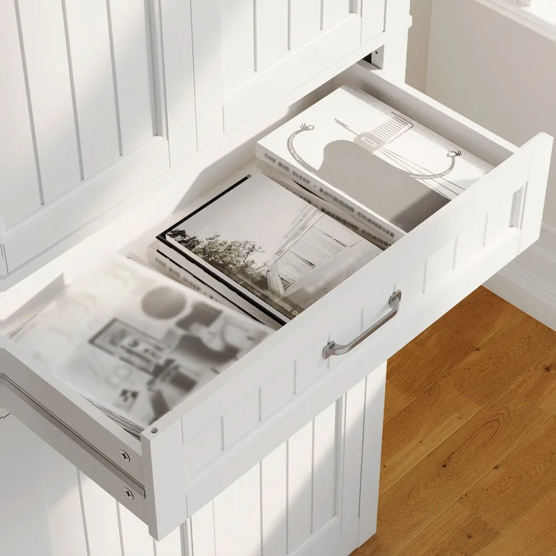 Armoire blanche de rangement alimentaire de cuisine autoportante de 66.5 pouces de hauteur, avec tiroirs coulissants en métal et tongs