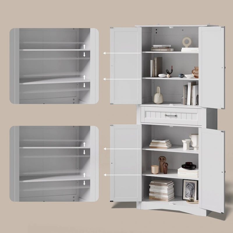 Armoire blanche de rangement alimentaire de cuisine autoportante de 66.5 pouces de hauteur, avec tiroirs coulissants en métal et tongs