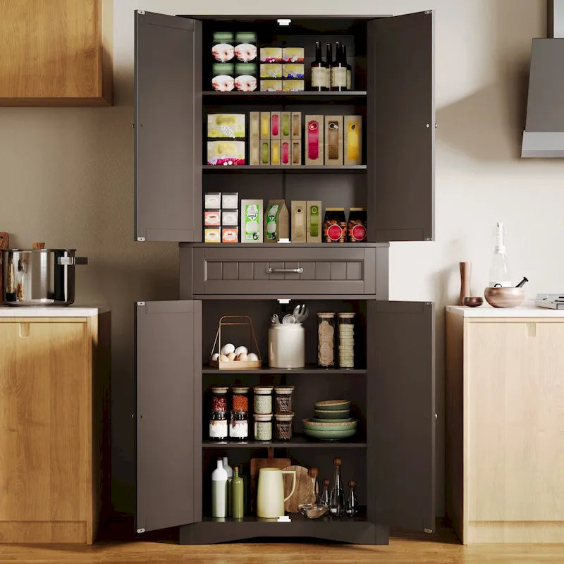 Armoire blanche de rangement alimentaire de cuisine autoportante de 66.5 pouces de hauteur, avec tiroirs coulissants en métal et tongs