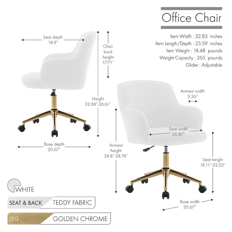 Fauteuil de bureau pivotant, tissu pelucheux, pieds chromés dorés
