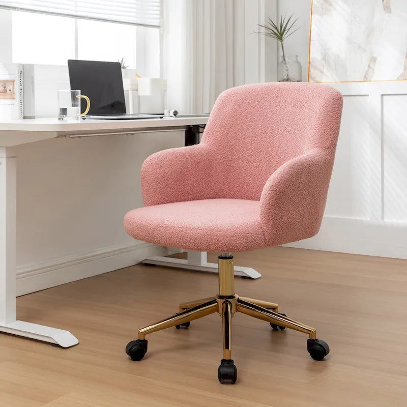 Fauteuil de bureau pivotant, tissu pelucheux, pieds chromés dorés
