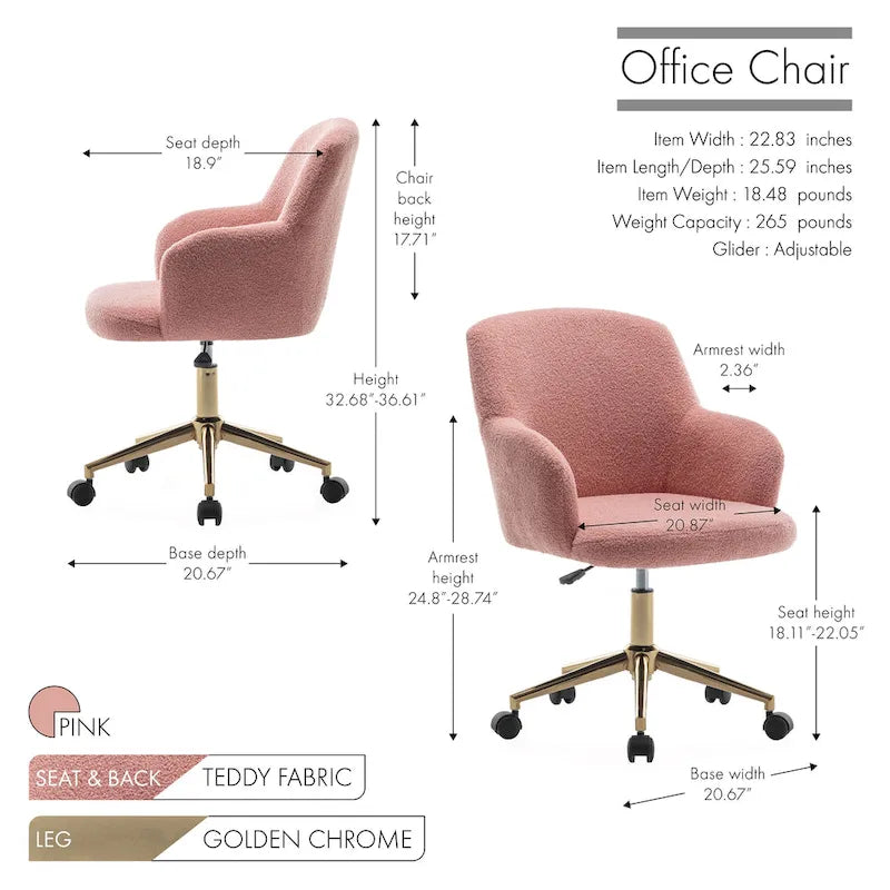 Fauteuil de bureau pivotant, tissu pelucheux, pieds chromés dorés