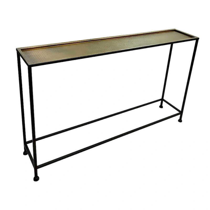 Console de 48 pouces, plateau en bronze antique martelé artisanalement, structure industrielle en fer noir