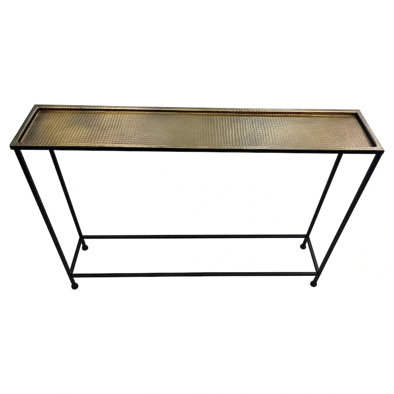 Console de 48 pouces, plateau en bronze antique martelé artisanalement, structure industrielle en fer noir