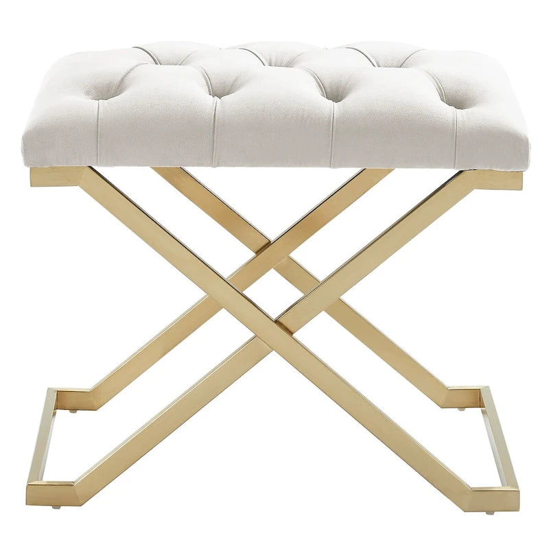 22 Ivory and Gold Contemporary Single Bench with Button Tufting