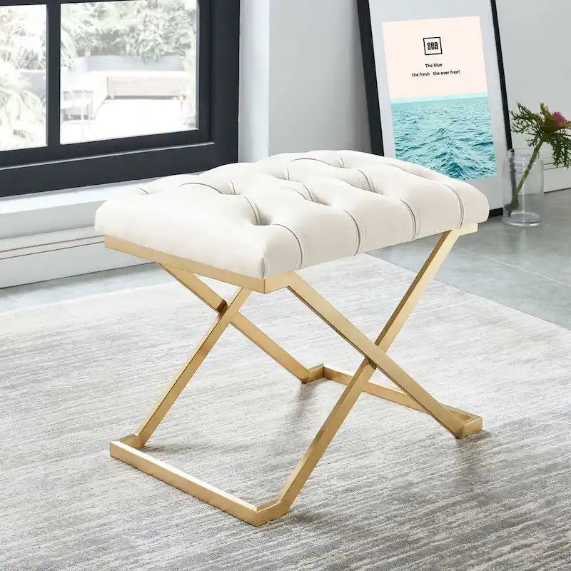 Banc individuel contemporain ivoire et or 22 avec capitonnage à boutons