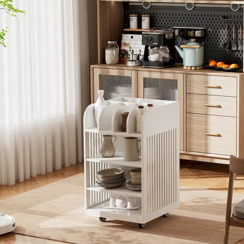 Desserte îlot de cuisine à 4 niveaux avec porte-épices et roulettes verrouillables, îlot de rangement de cuisine mobile au design simple