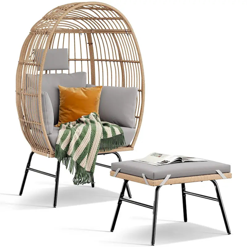 Garten-Eierstuhl aus Polyrattan mit Fußhocker für den Außenbereich