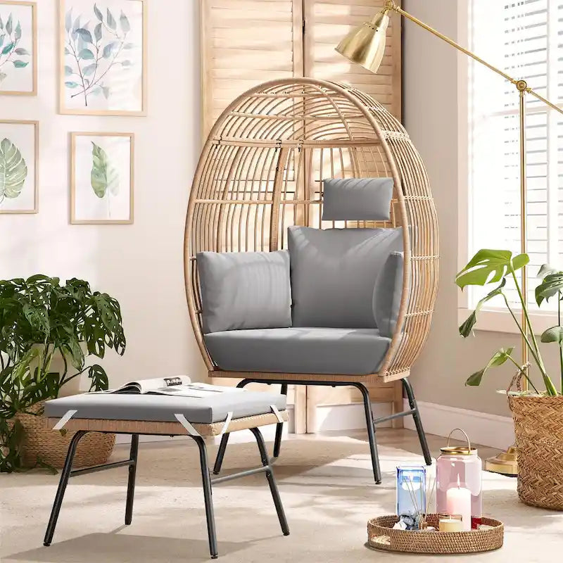 Garten-Eierstuhl aus Polyrattan mit Fußhocker für den Außenbereich