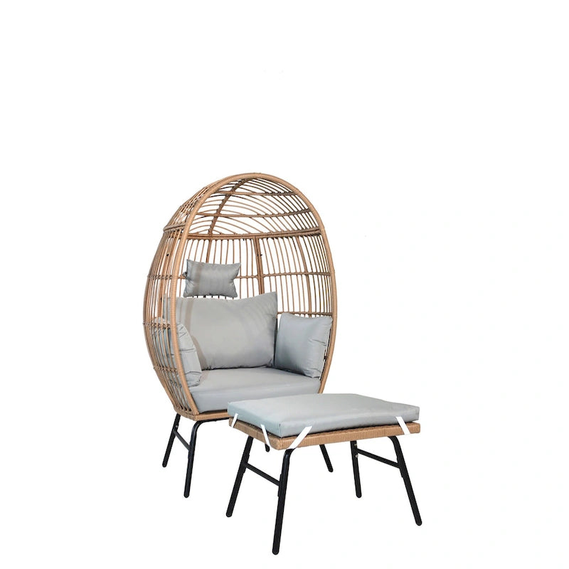 Garten-Eierstuhl aus Polyrattan mit Fußhocker für den Außenbereich