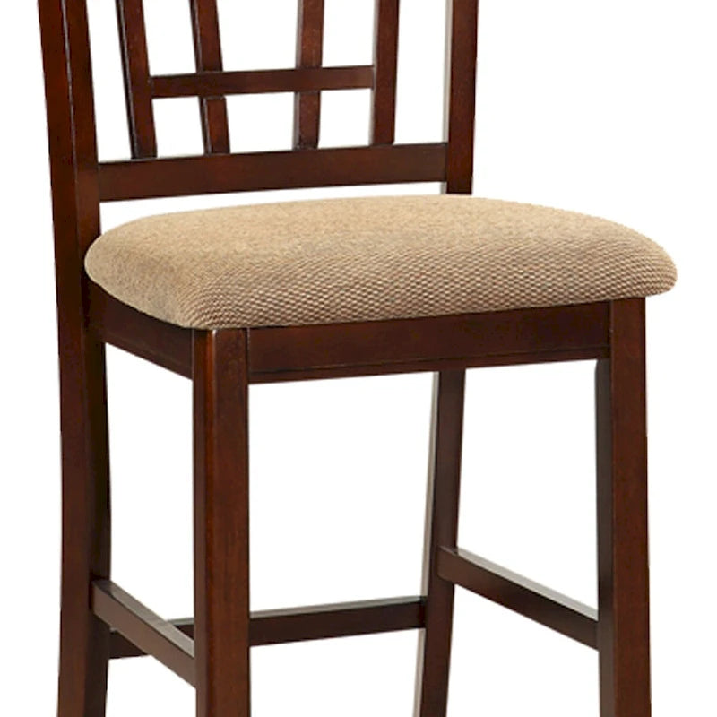 Set aus 2 Esszimmerstühlen, braune Möbel aus Massivholz, Thekenhöhe, gepolsterte Sitzflächen und einzigartige Rückenlehnen