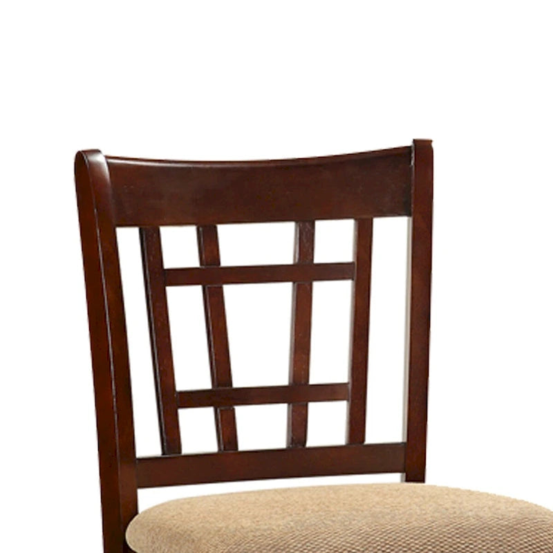 Set aus 2 Esszimmerstühlen, braune Möbel aus Massivholz, Thekenhöhe, gepolsterte Sitzflächen und einzigartige Rückenlehnen