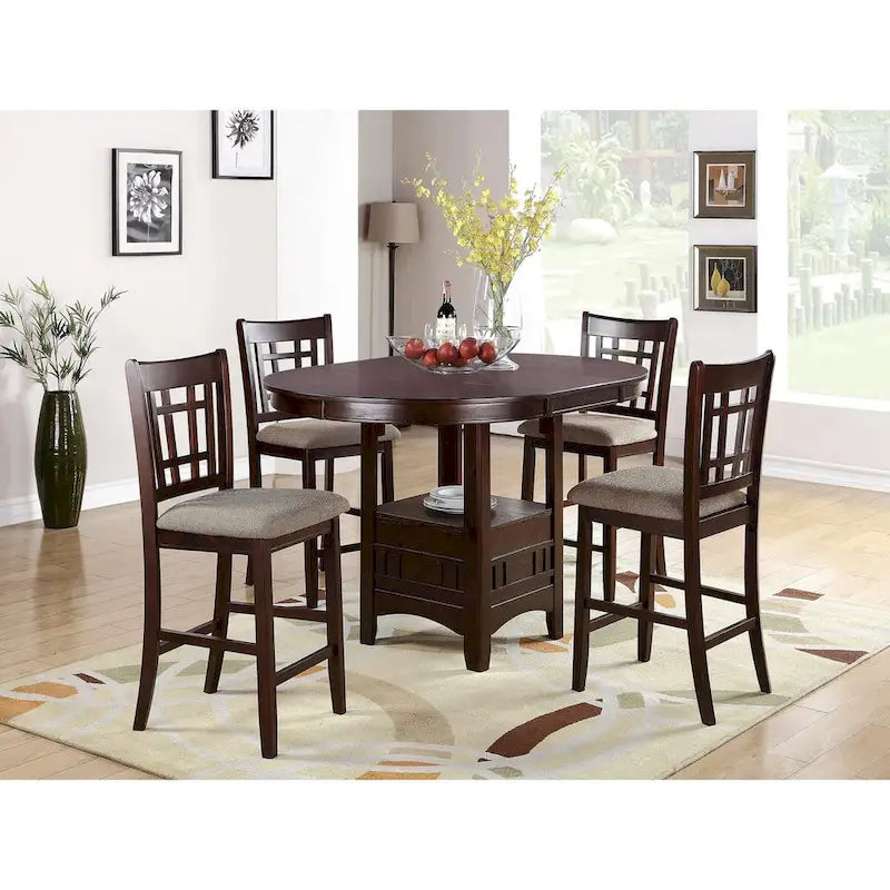 Set aus 2 Esszimmerstühlen, braune Möbel aus Massivholz, Thekenhöhe, gepolsterte Sitzflächen und einzigartige Rückenlehnen