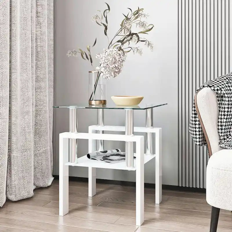 Table à thé moderne en verre trempé, table basse, table de bout carrée - 17.72L x 17.72 W x 20.5 H,