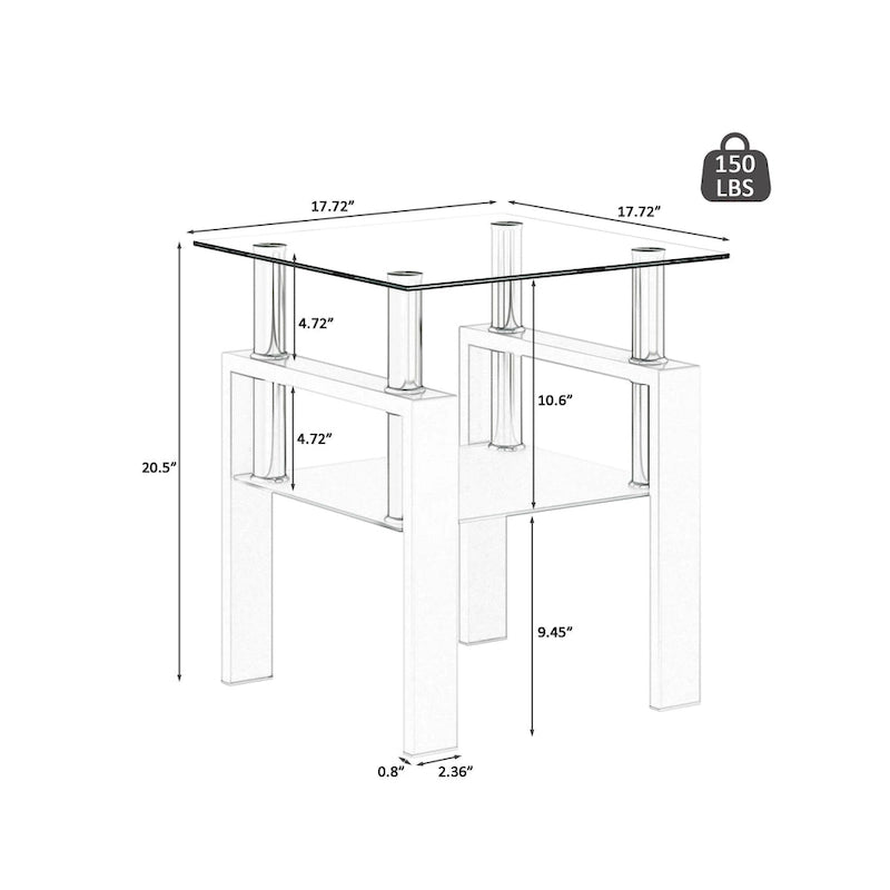 Table à thé moderne en verre trempé, table basse, table de bout carrée - 17.72L x 17.72 W x 20.5 H,