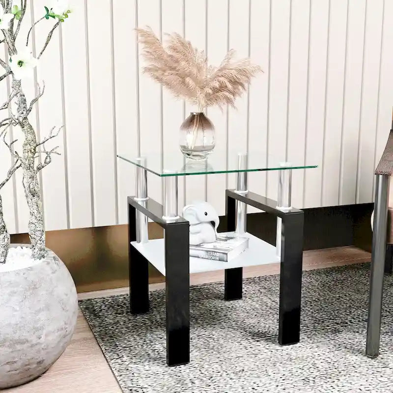 Table à thé moderne en verre trempé, table basse, table de bout carrée - 17.72L x 17.72 W x 20.5 H,