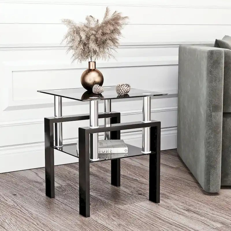 Table à thé moderne en verre trempé, table basse, table de bout carrée - 17.72L x 17.72 W x 20.5 H,