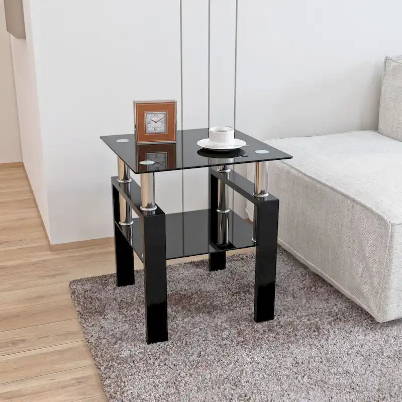 Table à thé moderne en verre trempé, table basse, table de bout carrée - 17.72L x 17.72 W x 20.5 H,