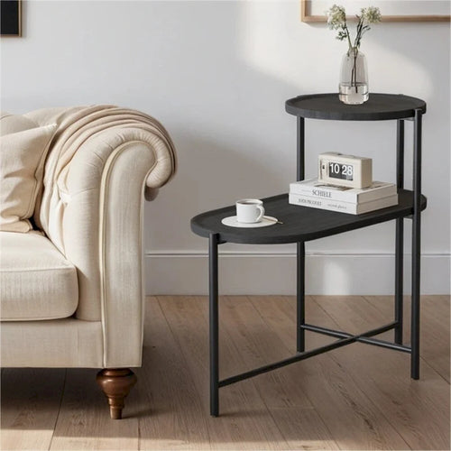 2-tier Modern Round End Table with Wood Storage Shelf