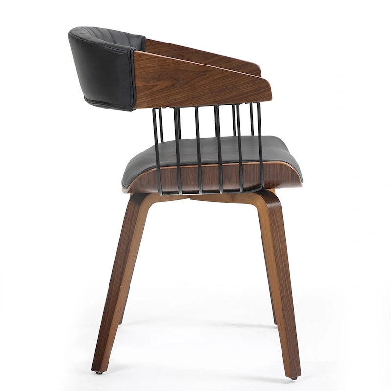 Chaise de salle à manger noire en similicuir avec structure et pieds en bois de noyer