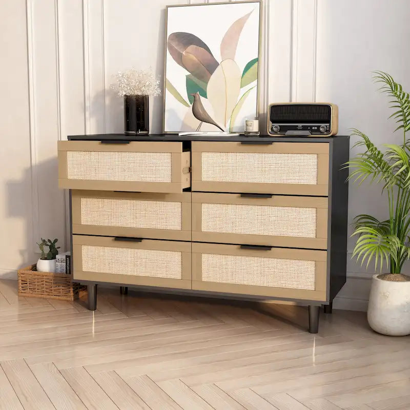 Akzent-Aufbewahrungsschrank mit 6 Schubladen, Rattan-Kommode, Rattan-Schublade
