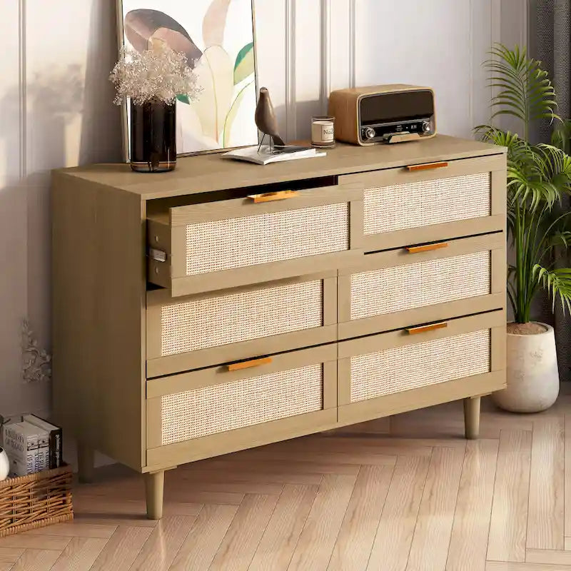 Akzent-Aufbewahrungsschrank mit 6 Schubladen, Rattan-Kommode, Rattan-Schublade