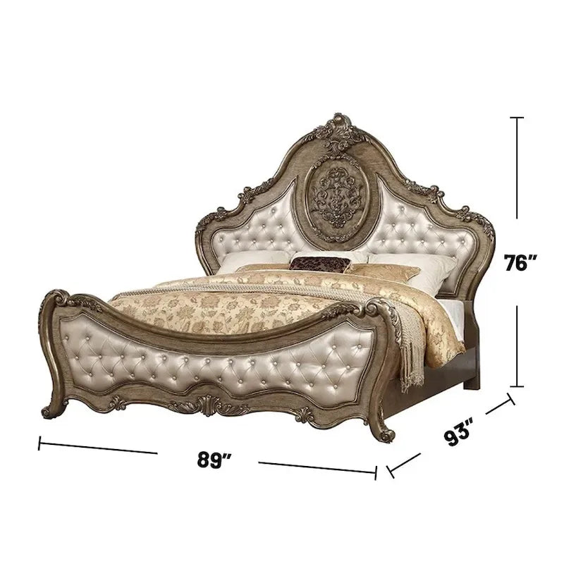 Bett aus Kunstleder mit Knopfsteppung in Vintage-Eichenoptik